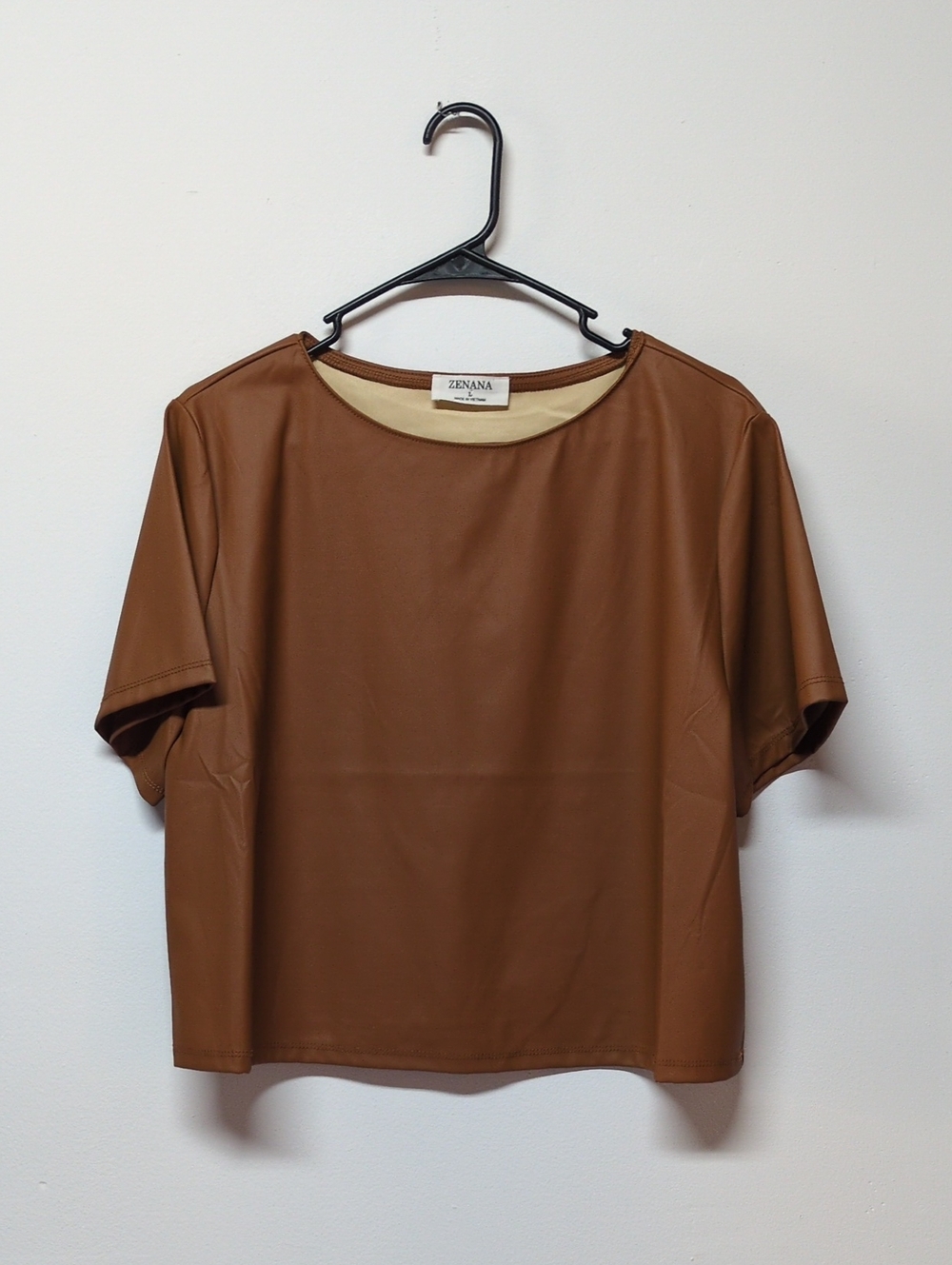 Zenana Outfitters Cropped Faux Leather Top in Cognac Brown, Size L